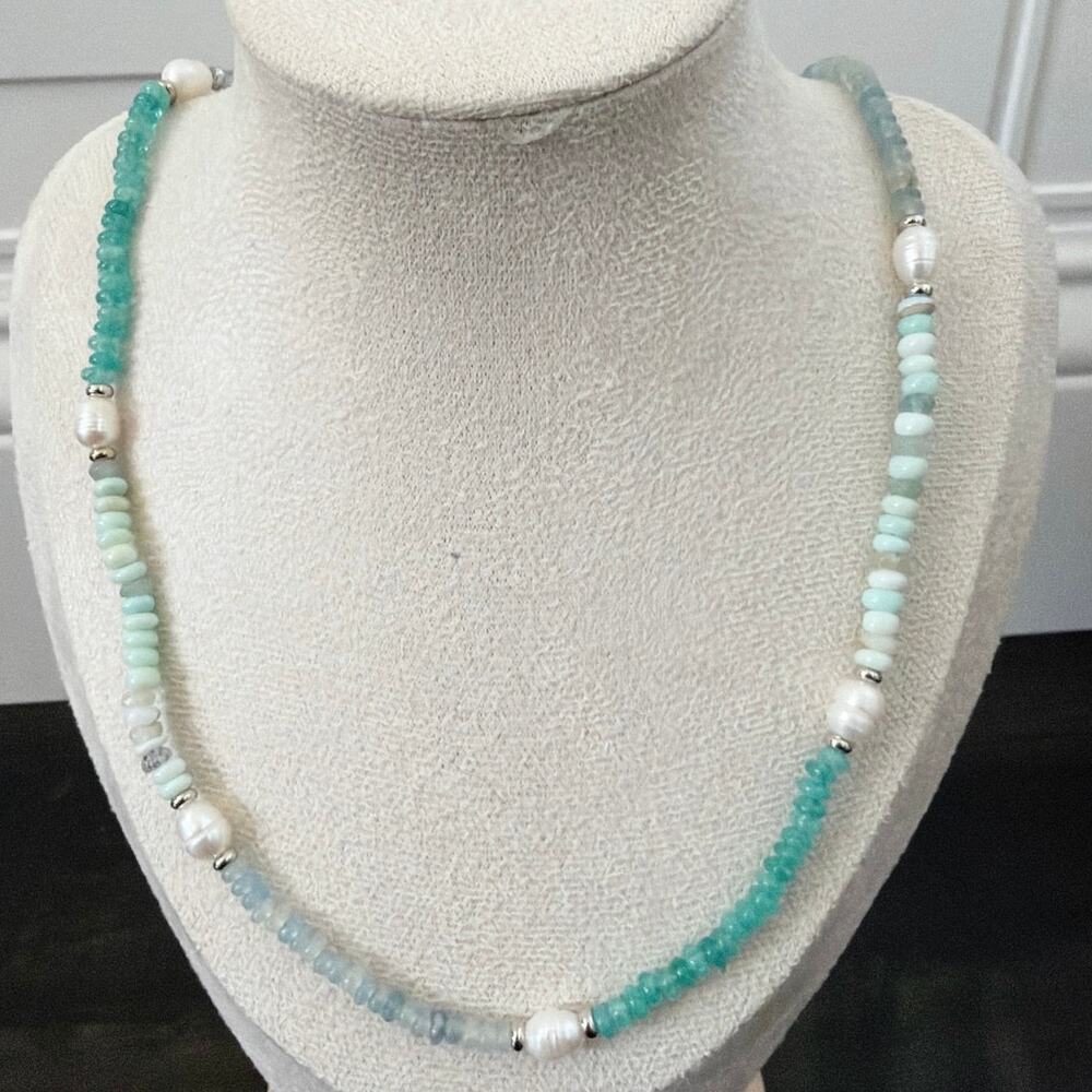 Second Bloom Studio Artisan Made Blue Opal Pearl Necklace 19.5" Ocean Tones